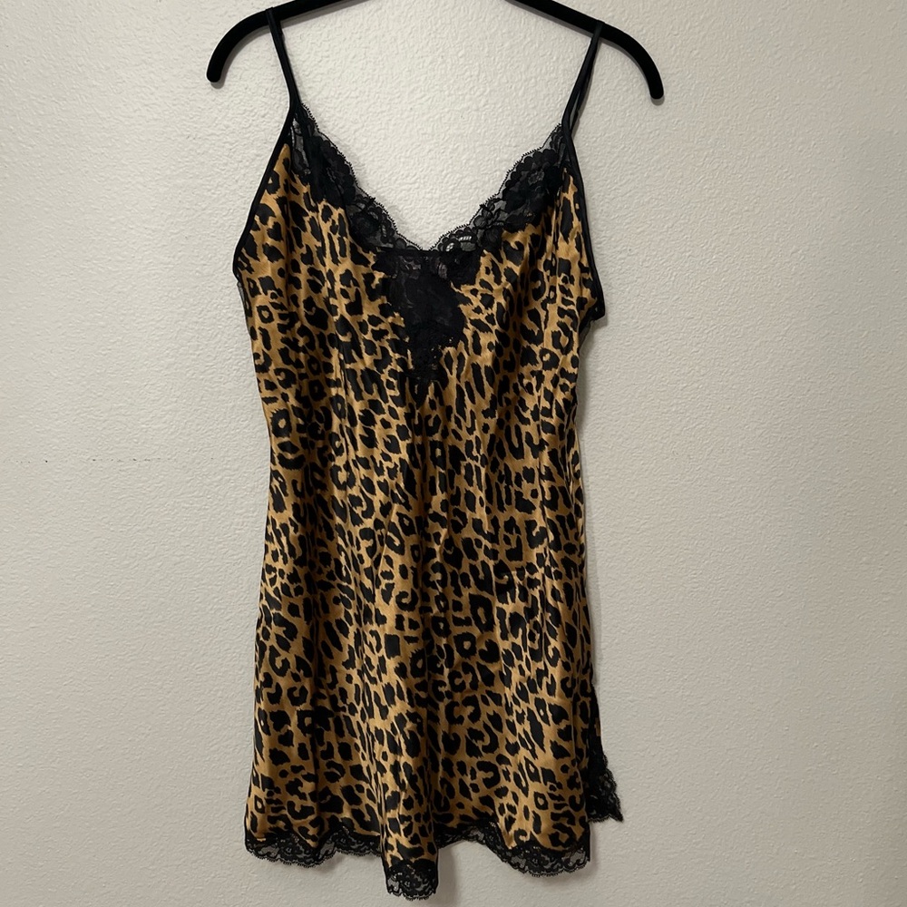 NWT Victoria's Secret Leopard Print Silk Chemise Slip Black Lace Trim Large